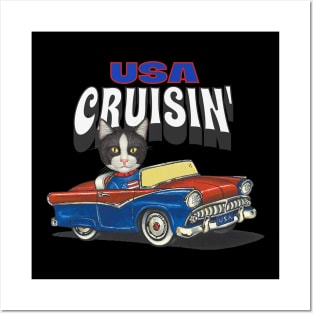 Cute kitty cat cruisin' with a classic car through the USA Posters and Art